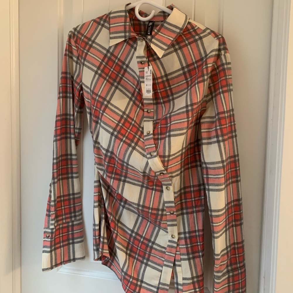 NWT XS Zara Deconstructed Plaid Flannel Shirt